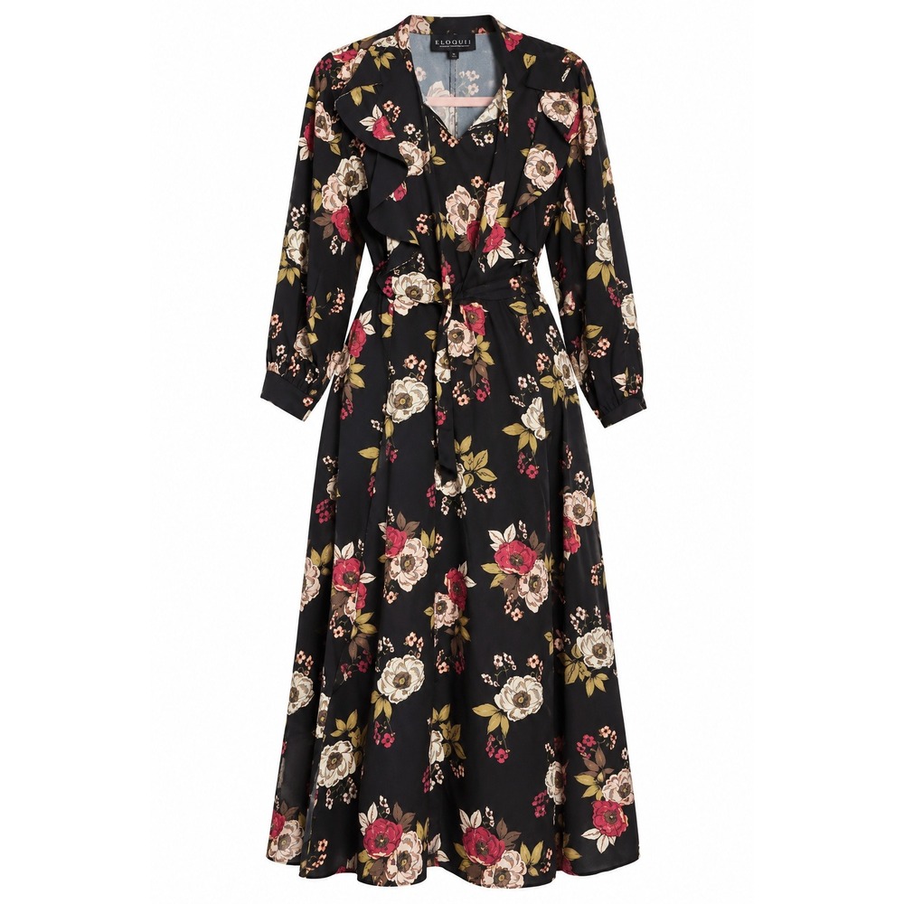 Eloquii Floral Maxi Dress Size 18 Black Pink Ruffle Tie Neck Long Sleeve Boho